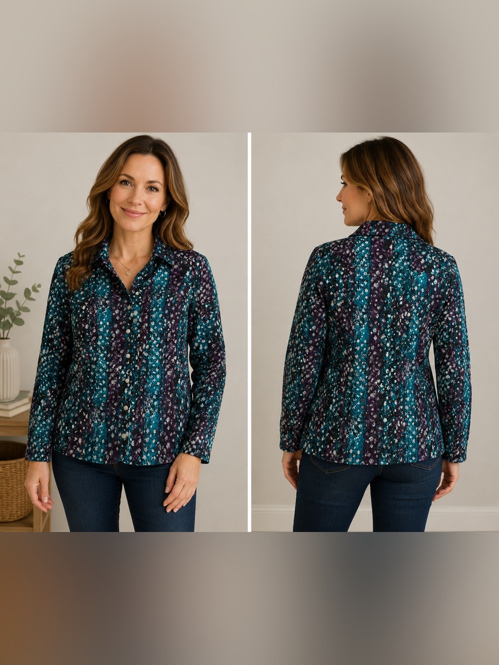 Christopher & banks Teal & Purple Printed Button-Up Blouse